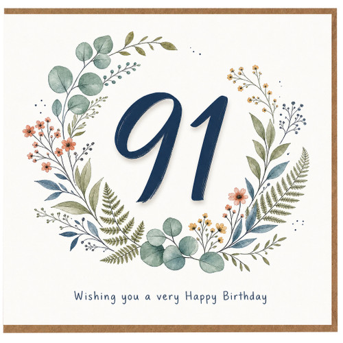 91st Birthday Card Floral Wreath Happy Birthday Card