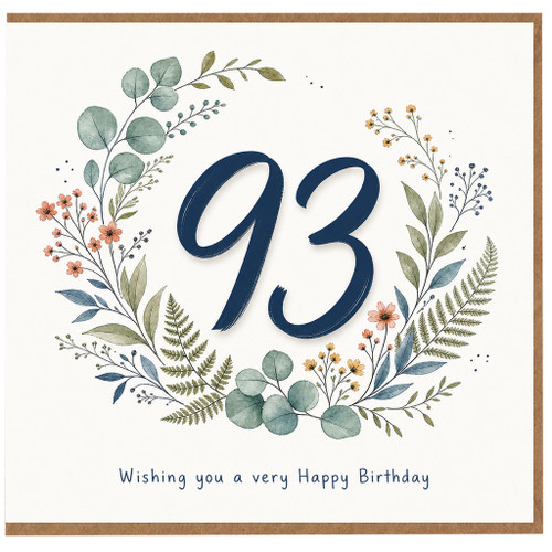 93rd Birthday Card, Floral Wreath Happy Birthday Card