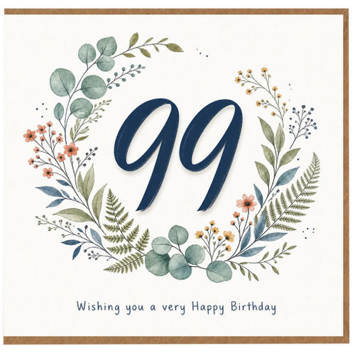 99th Birthday Card, Floral Wreath Happy Birthday Card