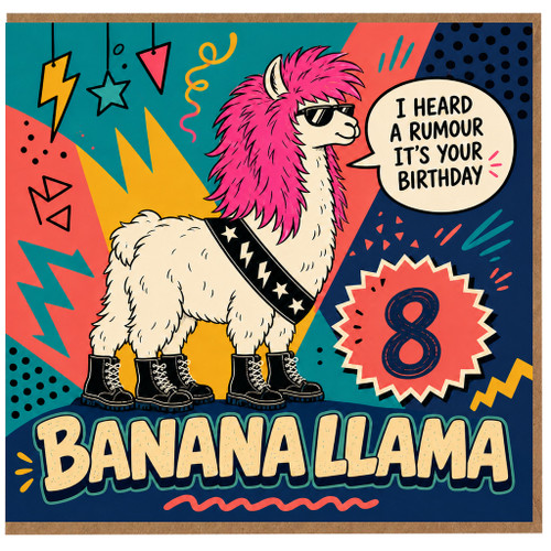 8th Birthday Card for Llama Lover, Banana Llama Birthday Card