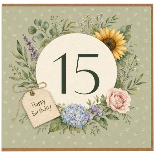 15th Birthday Card, Floral Happy Birthday Card