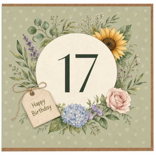 17th Birthday Card Floral Wreath Happy Birthday Card