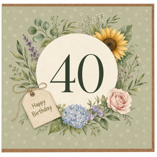 40th Birthday Card Floral Wreath Happy Birthday Card