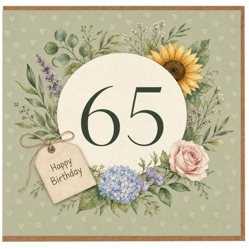 65th Birthday Card, Floral Wreath Happy Birthday Card