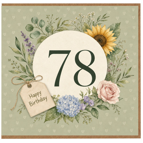 78th Birthday Card, Floral Wreath Happy Birthday Card