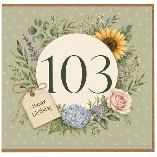 103rd Birthday Card, Floral Wreath Happy Birthday Card