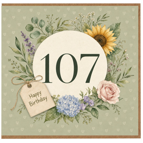 107th Birthday Card Floral Wreath Happy Birthday