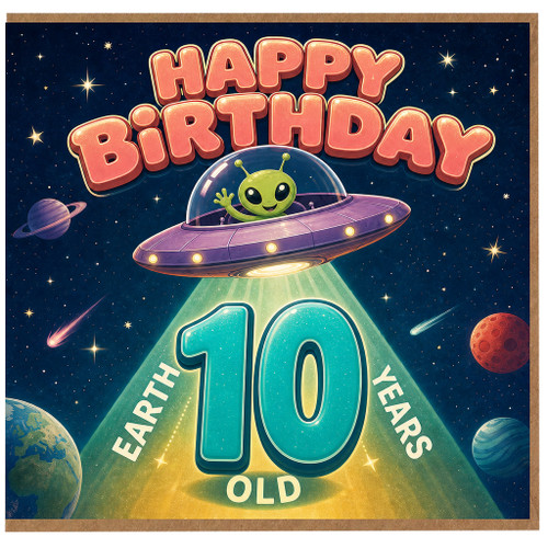 10th Birthday Card - Space Alien UFO Birthday Card