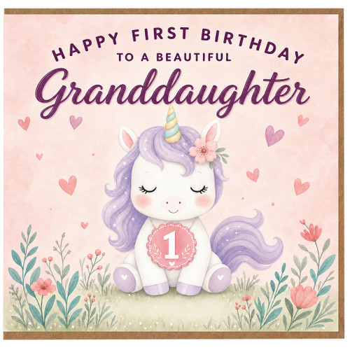 Granddaughter 1st Birthday Card, Cute Unicorn Birthday Card