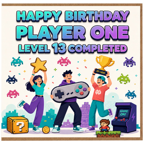 13th Birthday Card for Gamer, Happy Birthday Player One Level 13 Completed
