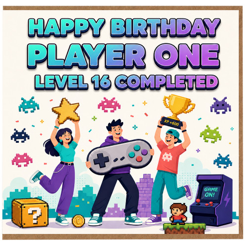 16th Birthday Card for Gamer, Player One Level 16 Completed Birthday Card