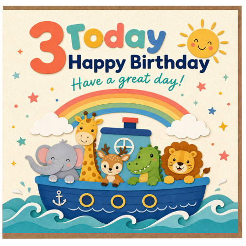 3rd Birthday Card, Cute Animal Ark Rainbow Birthday Card