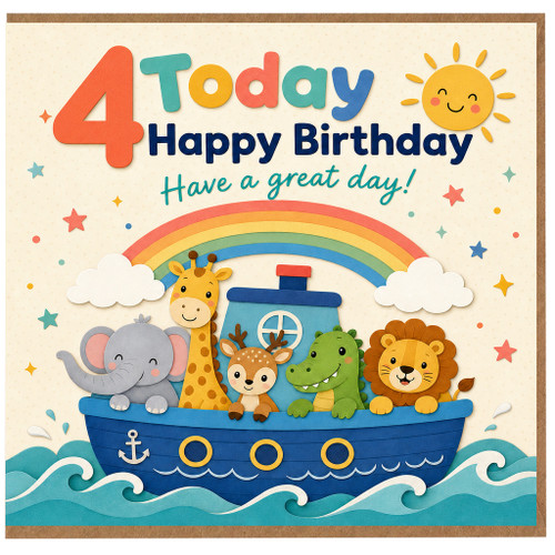 4th Birthday Card for Boy or Girl, Cute Safari Animals Boat and Rainbow Happy Birthday Card