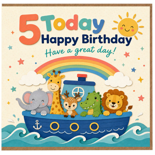 5th Birthday Card, Happy Birthday Card for Child, Cute Noah’s Ark Animal Design