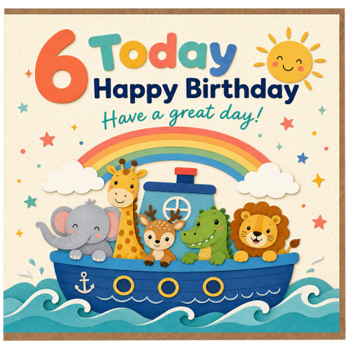 6th Birthday Card Cute Safari Animals Rainbow and Boat Design