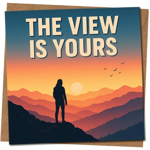 The View Is Yours Congratulations Card 145mm x 145mm - Sunset Mountain Landscape, Hiker Silhouette, Inspirational Greeting Card, Includes Kraft Envelope