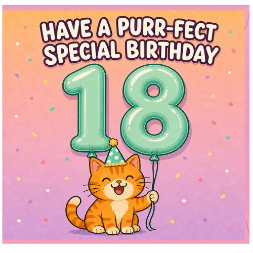 18th Birthday Card, Cute Cat Birthday Card, Have a Purr - fect Special Birthday Card