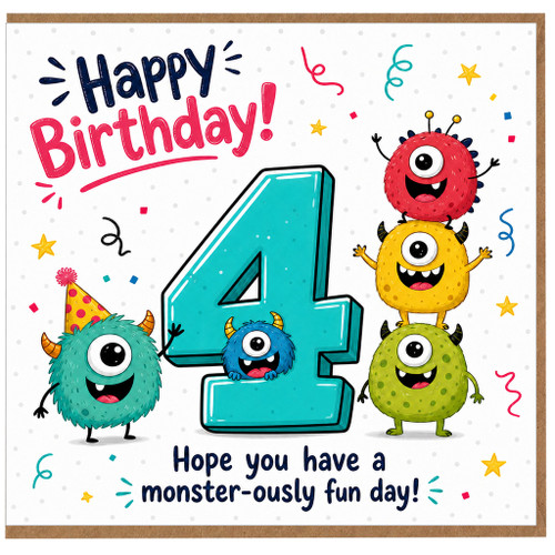 4th Birthday Card, Monster Birthday Card for Age 4