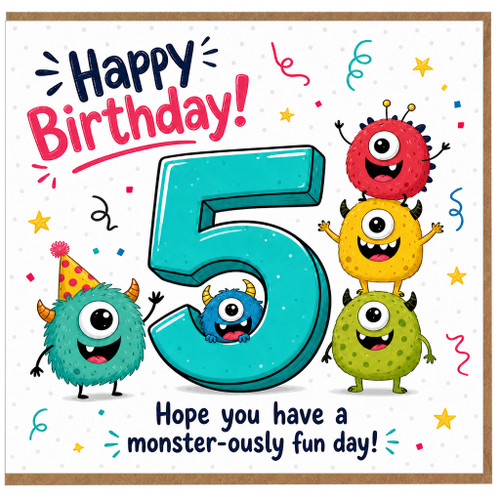 5th Birthday Card, Cute Monster Birthday Card