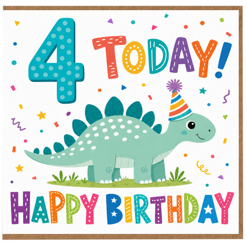 4th Birthday Card, 4 Today Dinosaur Happy Birthday Card