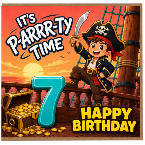 7th Birthday Card, Pirate Party Time Happy Birthday Card