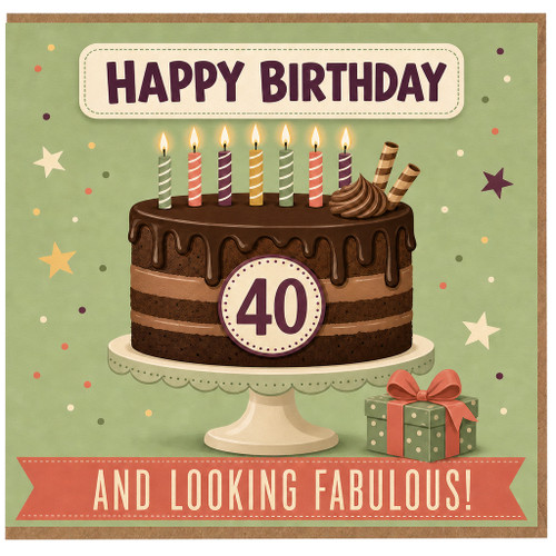 40th Birthday Card, Happy Birthday And Looking Fabulous Cake Design
