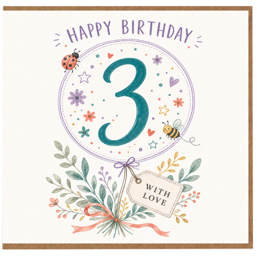 3rd Birthday Card, Floral Number 3 Happy Birthday Card With Love