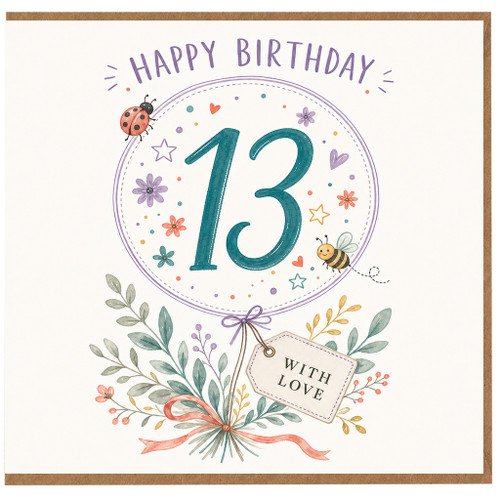 13th Birthday Card, Happy Birthday 13 Card with Floral Ladybird and Bee Design