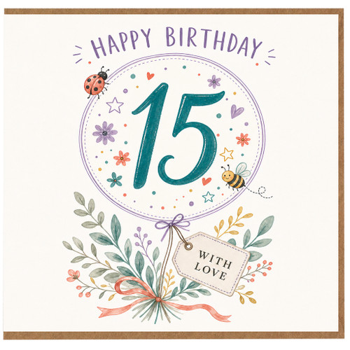 15th Birthday Card, Happy Birthday Floral Card with Ladybird and Bee