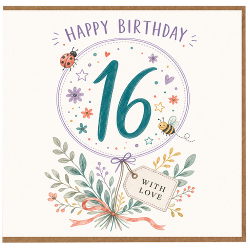 16th Birthday Card, Floral Happy Birthday Card With Love Tag