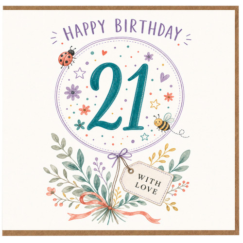 21st Birthday Card, Happy Birthday Card with Floral Bee and Ladybird Design