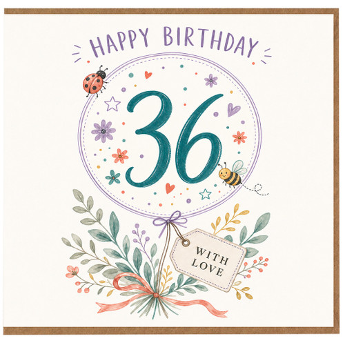 36th Birthday Card, Floral Happy Birthday Card With Love Tag