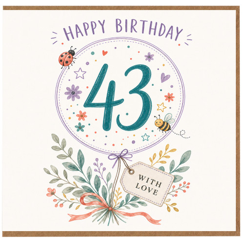 43rd Birthday Card, Happy Birthday 43 Card with Floral and Cute Bug Design