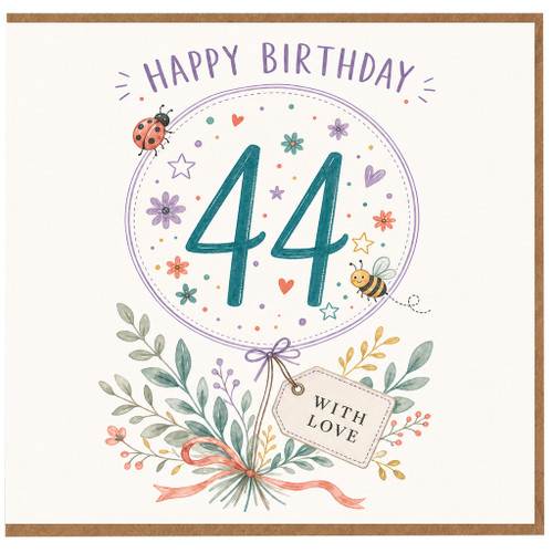 44th Birthday Card, Floral Happy Birthday Card with With Love Tag
