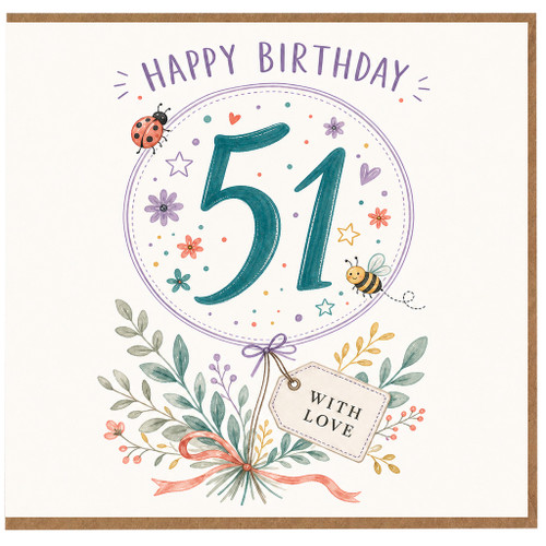 51st Birthday Card, Happy Birthday Floral Design with Ladybird and Bee