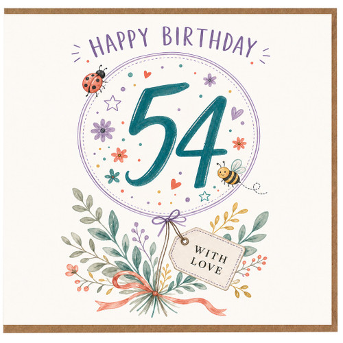 54th Birthday Card, Happy Birthday with Love Floral Bee and Ladybird Card