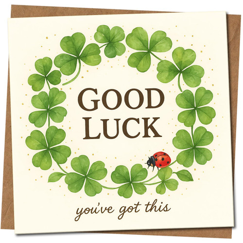 Good Luck Card 145mm x 145mm - Clover Wreath, Includes Kraft Envelope