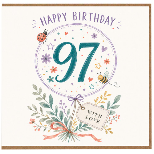 97th Birthday Card, Happy Birthday Floral Card with With Love Tag