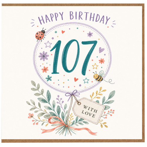 107th Birthday Card, Happy Birthday Floral Card with Ladybugs and Bees