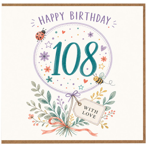 108th Birthday Card, Happy Birthday With Love Card, Floral Ladybird 108 Birthday Card