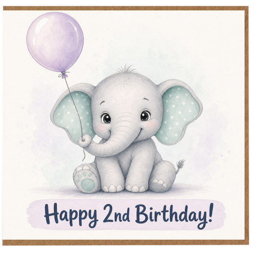 2nd Birthday Card, Cute Elephant Happy 2nd Birthday Card