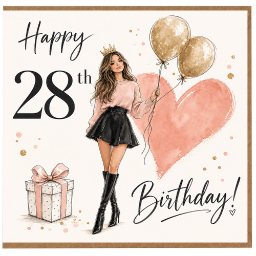 28th Birthday Card for Her, Happy 28th Birthday Card with Stylish Woman Illustration