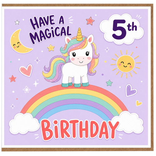 5th Birthday Card, Magical Unicorn Rainbow Birthday Card
