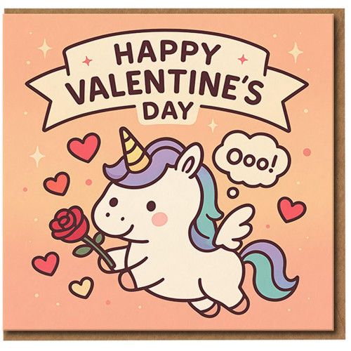 Cute Unicorn Valentine’s Day Card - Winged Unicorn with Rose and Hearts - Romantic Love/Anniversary Greeting Card