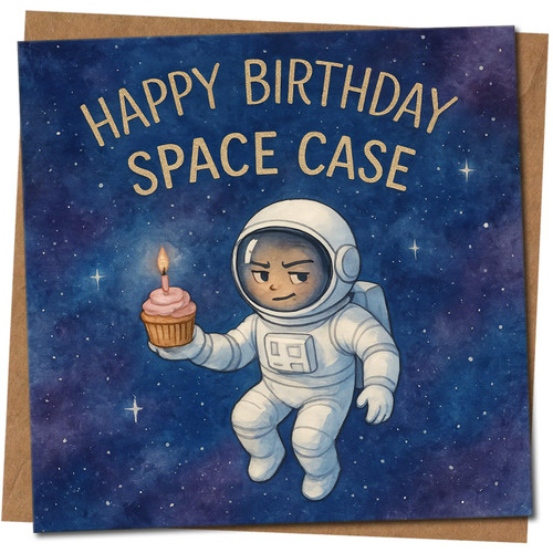 Happy Birthday Space Case Astronaut Cupcake Funny Birthday Card, Space Theme Humour, 145mm x 145mm, Kraft, Includes Kraft Envelope