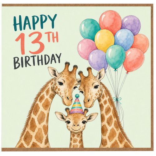 13th Birthday Card, Happy 13th Birthday Giraffe Balloon Card
