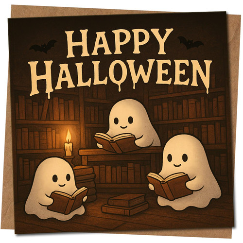 Happy Halloween Ghosts in Library Card - Cute Bookish Spooky Greeting - 145mm x 145mm Square -, Includes Kraft Envelope