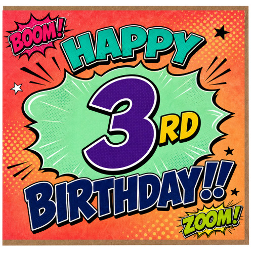 3rd Birthday Card, Comic Book Style Happy Birthday Boom Design