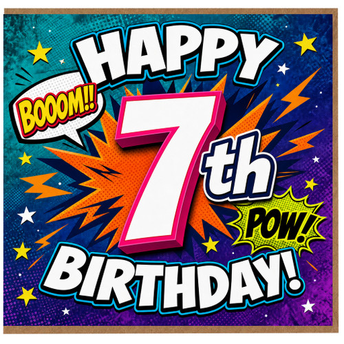 7th Birthday Card, Comic Style Happy Birthday Card