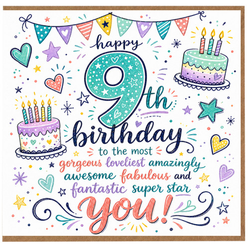 9th Birthday Card for Girl, Happy 9th Birthday Card, Colourful Celebration Card